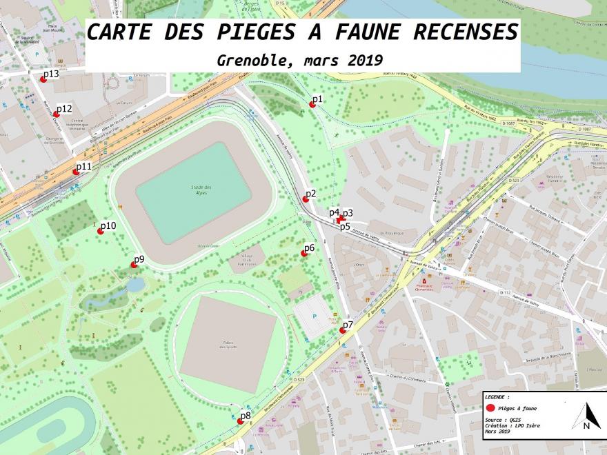 Carte des pièges involontaires pour les animaux dans la ville (recensement mars 2019, LPO Isère)
