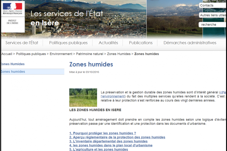 Capture écran site de la DDT Isère sur les zones humides, nature isère