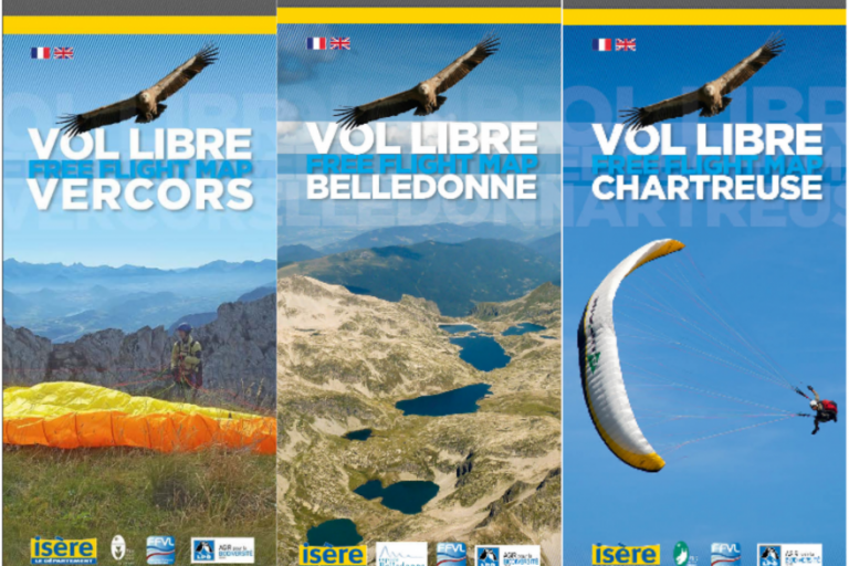 3 cartes sur le vol libre en Vercors, Chartreuse et Belledonne, nature isère