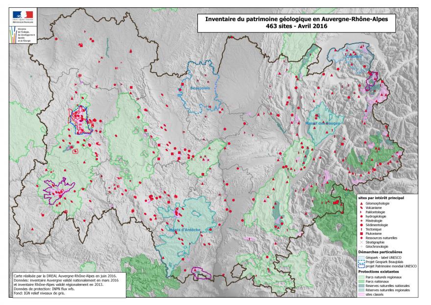 Carte de l'Inventaire du patrimoine géologique en Auvergne-Rhône-Alpes DREAL 2016, nature isère 