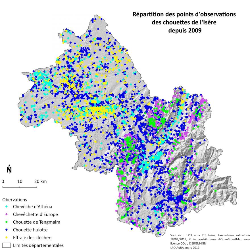 Carte chouettes en Isère depuis 2009 par Faune isère de la LPO Isère