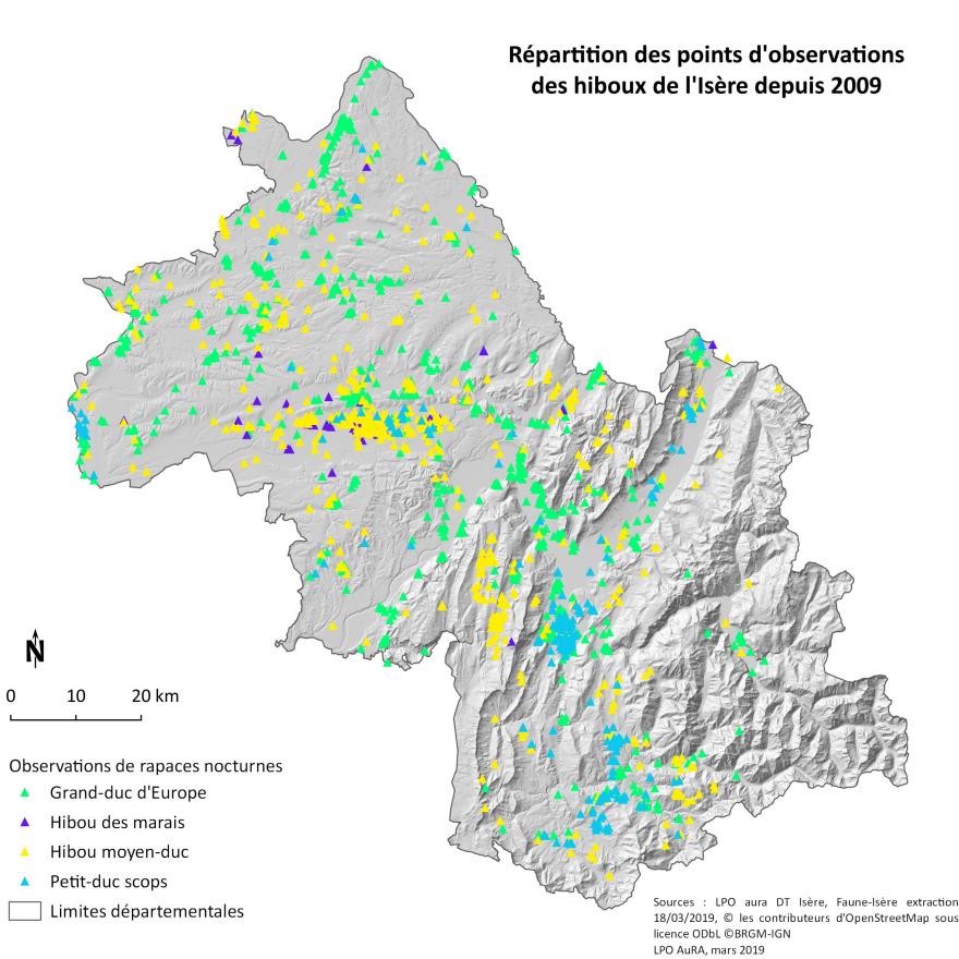 Carte hiboux en Isère depuis 2009 par Faune isère de la LPO Isère