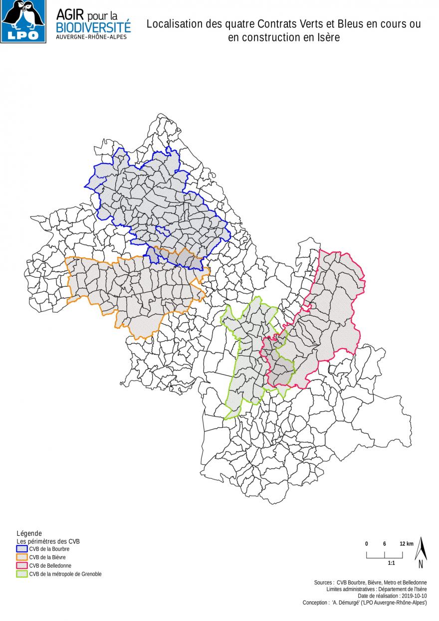 Carte des quatre Contrats Verts et Bleus en cours ou en construction en Isère