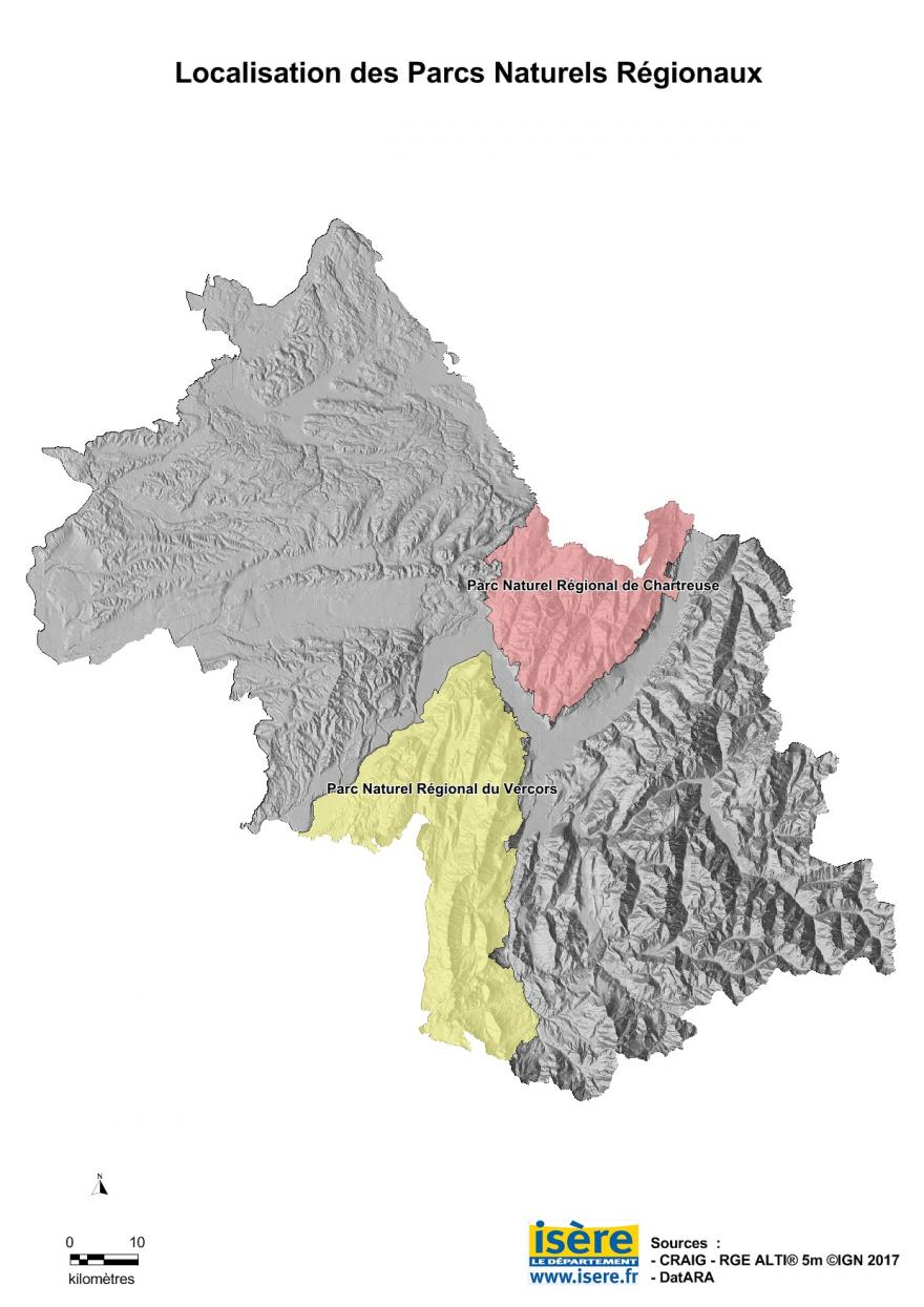 Carte des parcs naturels régionaux de l'Isère, du Département de l'Isère