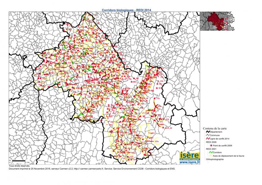Carte du Réseau écologique départemental de l’Isère 2014, extraction de la base de données Carmen