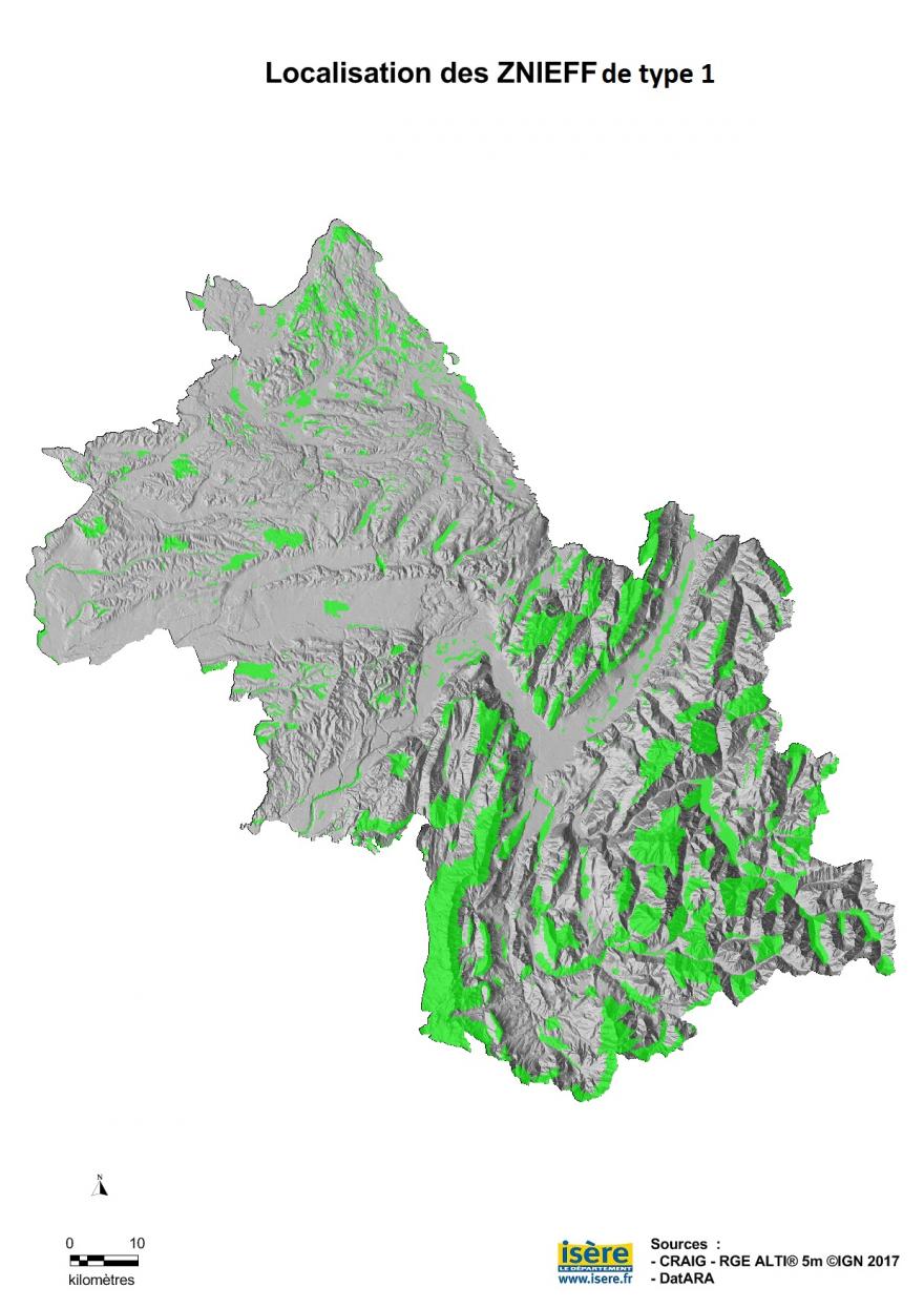 Carte des zones naturelles d'intérêt écologique, faunistique et floristique (ZNIEFF) de type I en Isère.