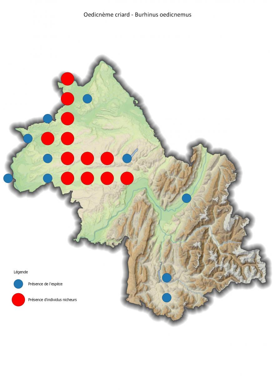 Carte de répartition de l'oedicnème criard en Isère (2001-2016).
