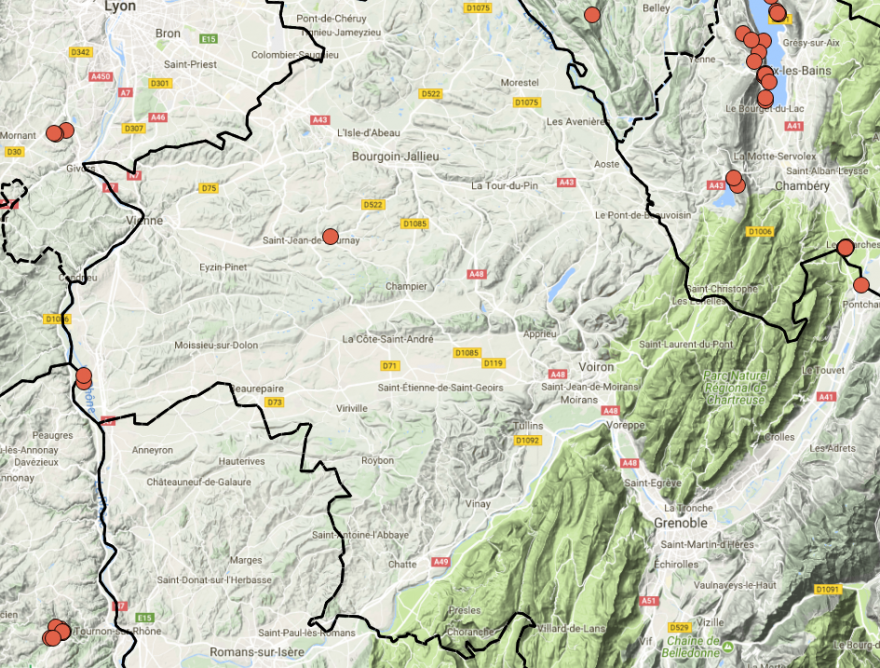 Carte de 2017 Groupe Sympetrum/LPO : La Cordulie à corps fin est présente à la marge du département de l’Isère.