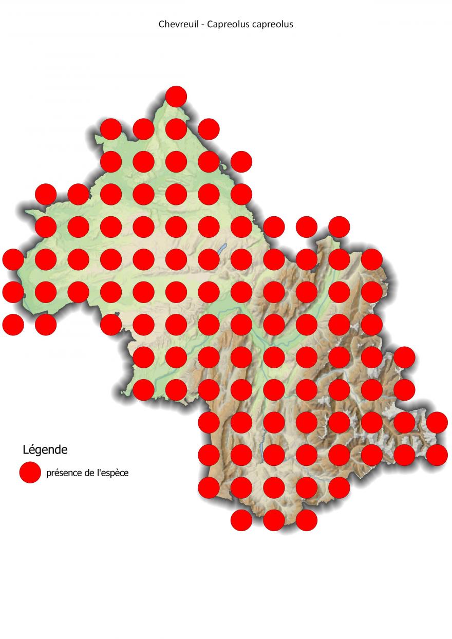 Carte de répartition du chevreuil en Isère (2001-2016).