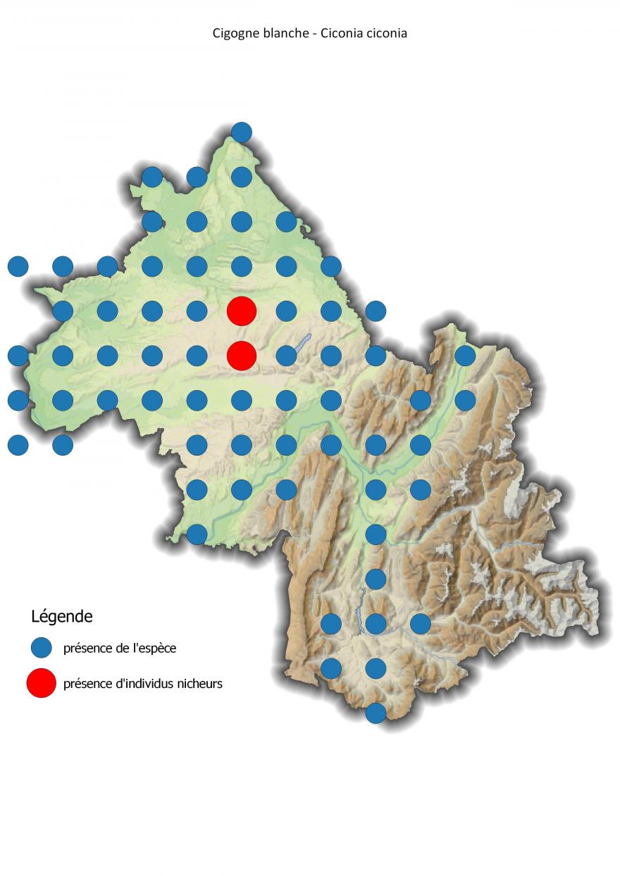 Carte de répartition de la cigogne blanche en Isère (2001-2016).