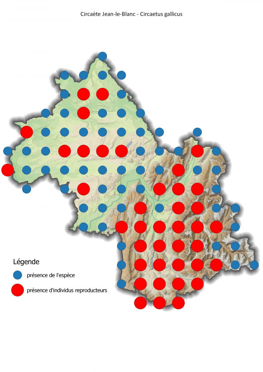 Carte de répartition du circaète Jean-le-Blanc en Isère (2001-2016).