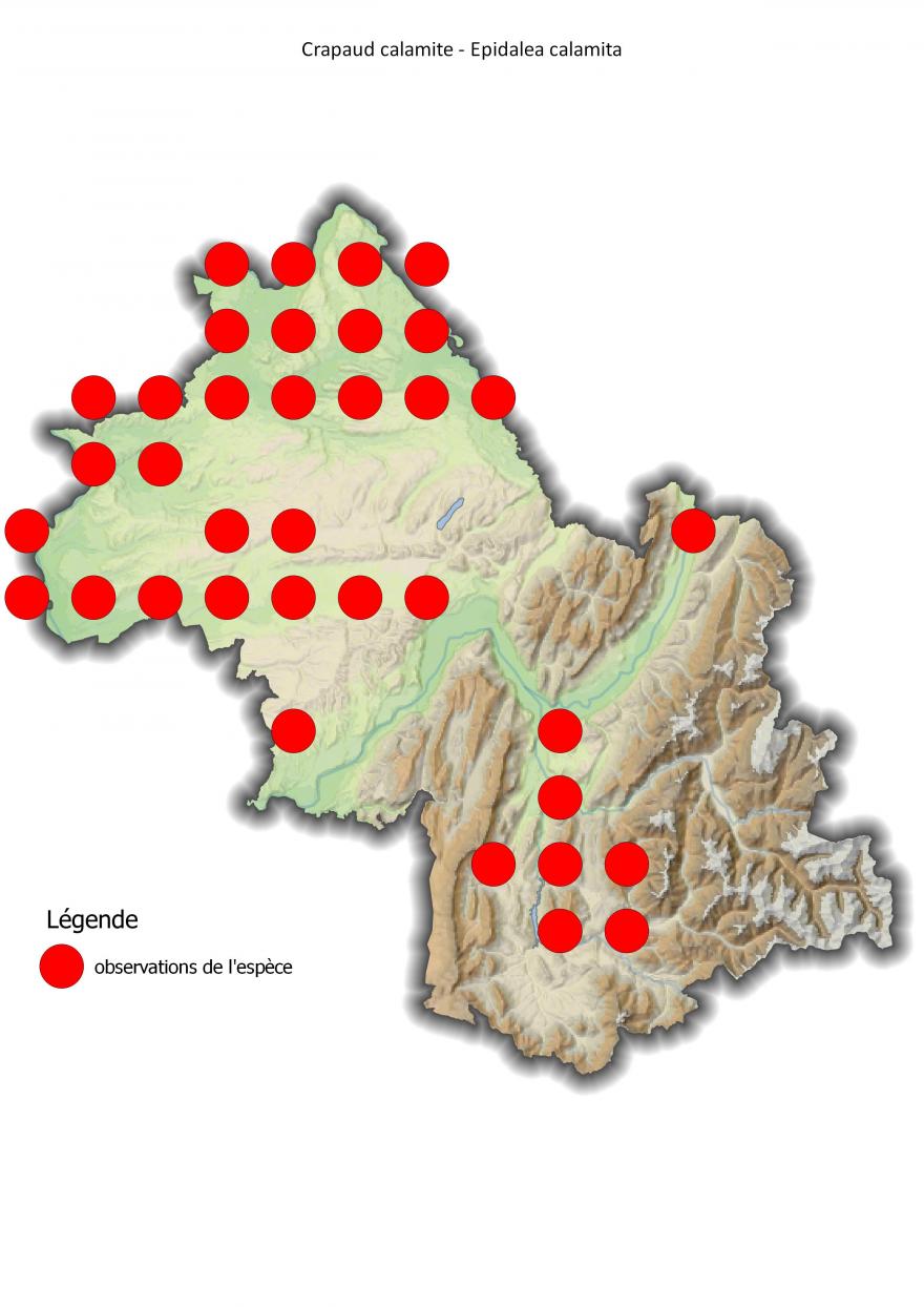 Carte de répartition du crapaud calamite en Isère (2001-2016).