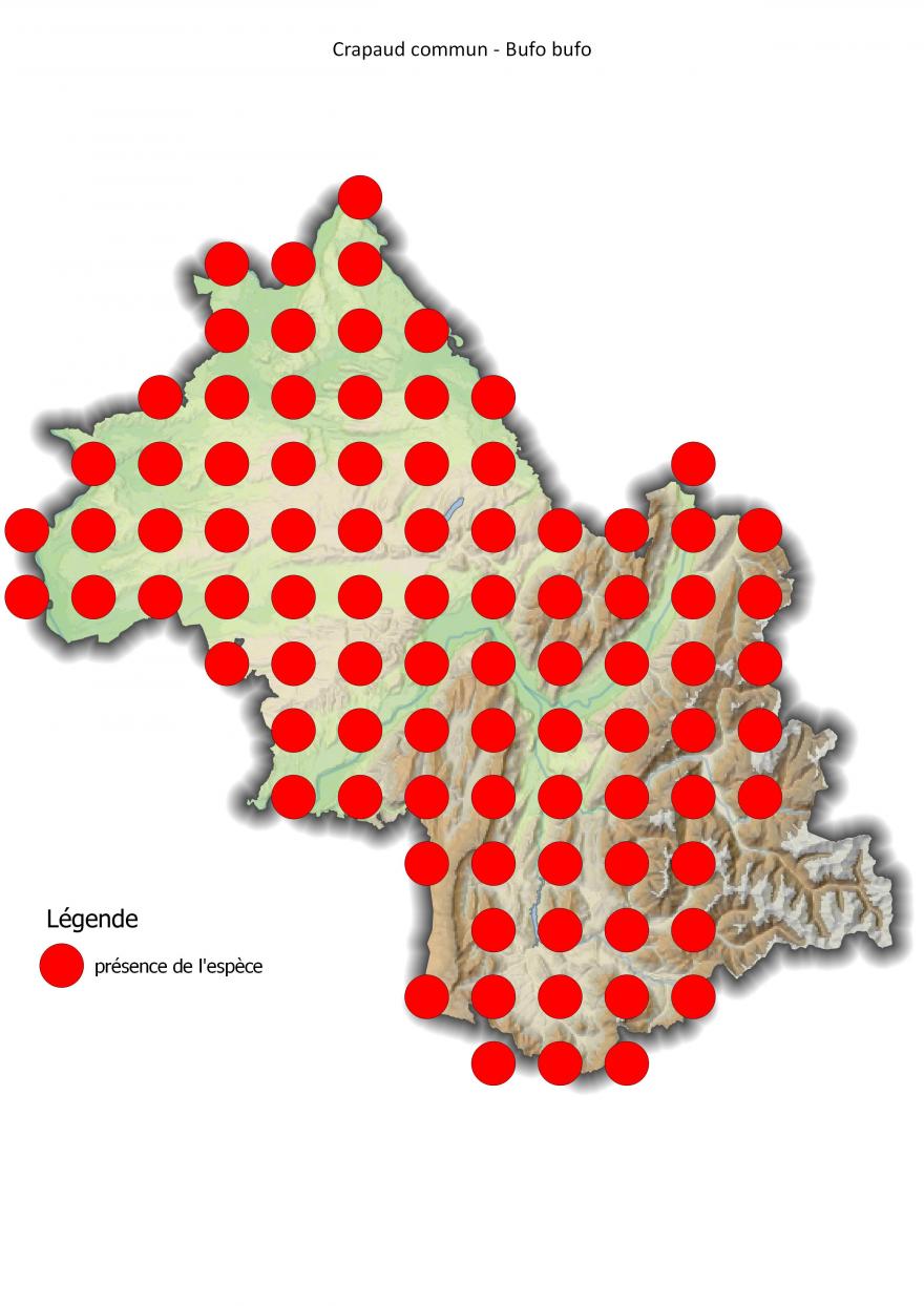 Carte de répartition du crapaud commun en Isère (2001-2016).