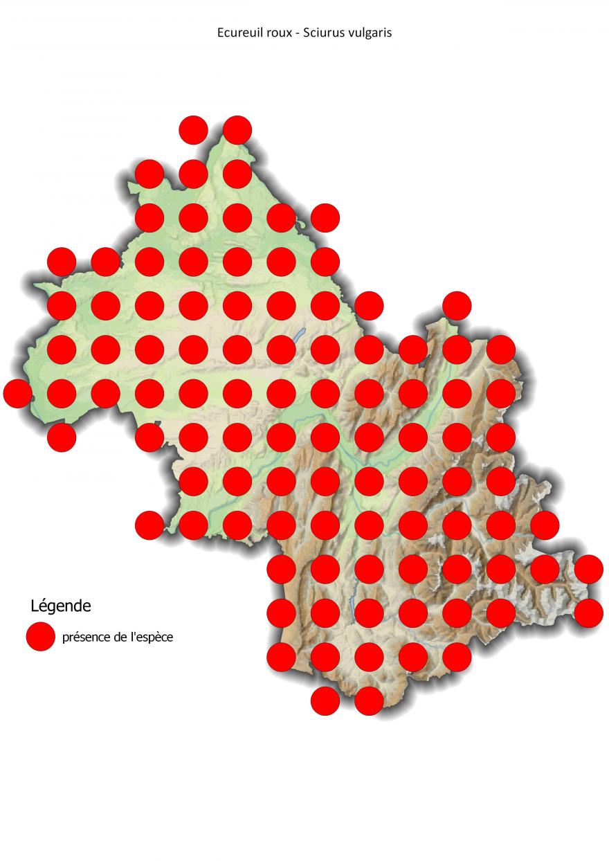Carte de répartition de l'écureuil roux en Isère (2001-2016).