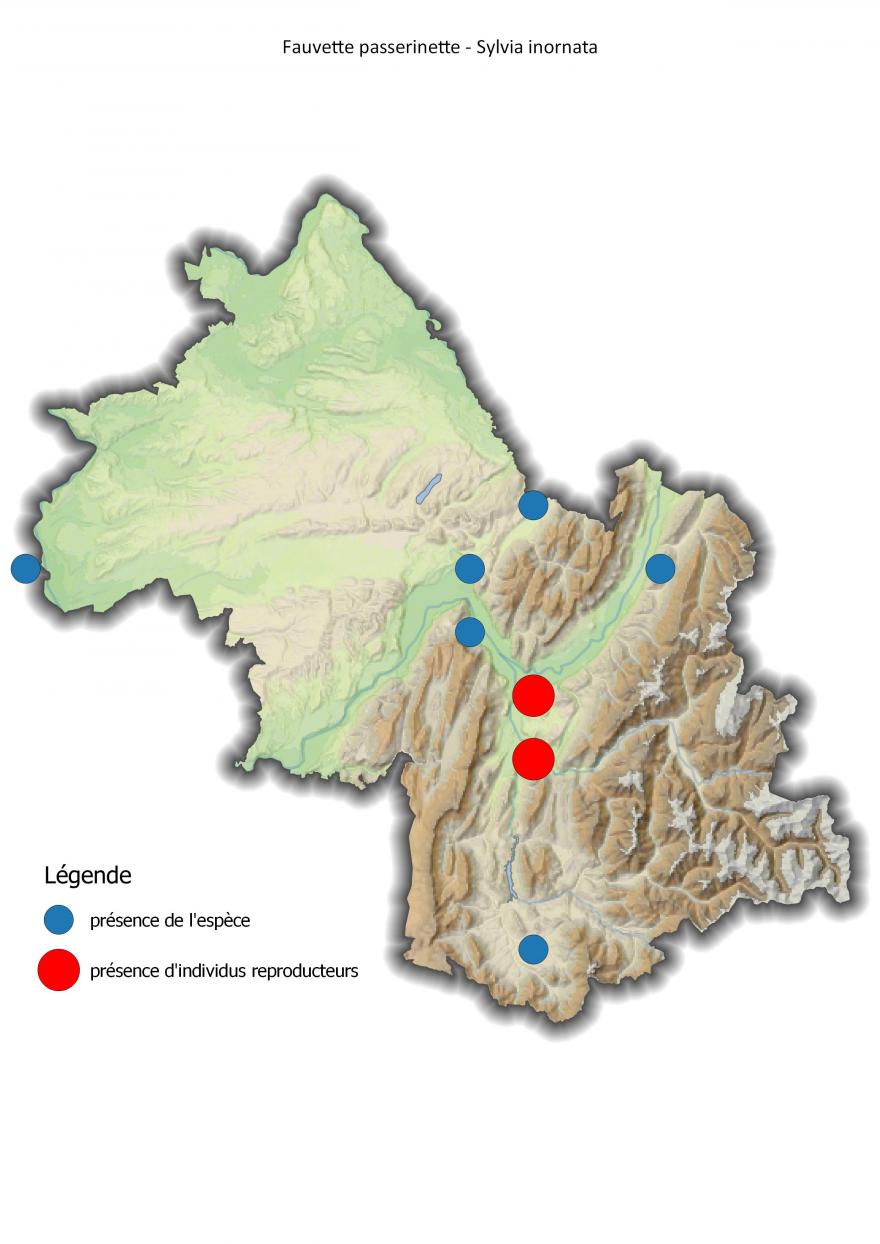 Carte de répartition de la fauvette passerinette en Isère (2001-2016).