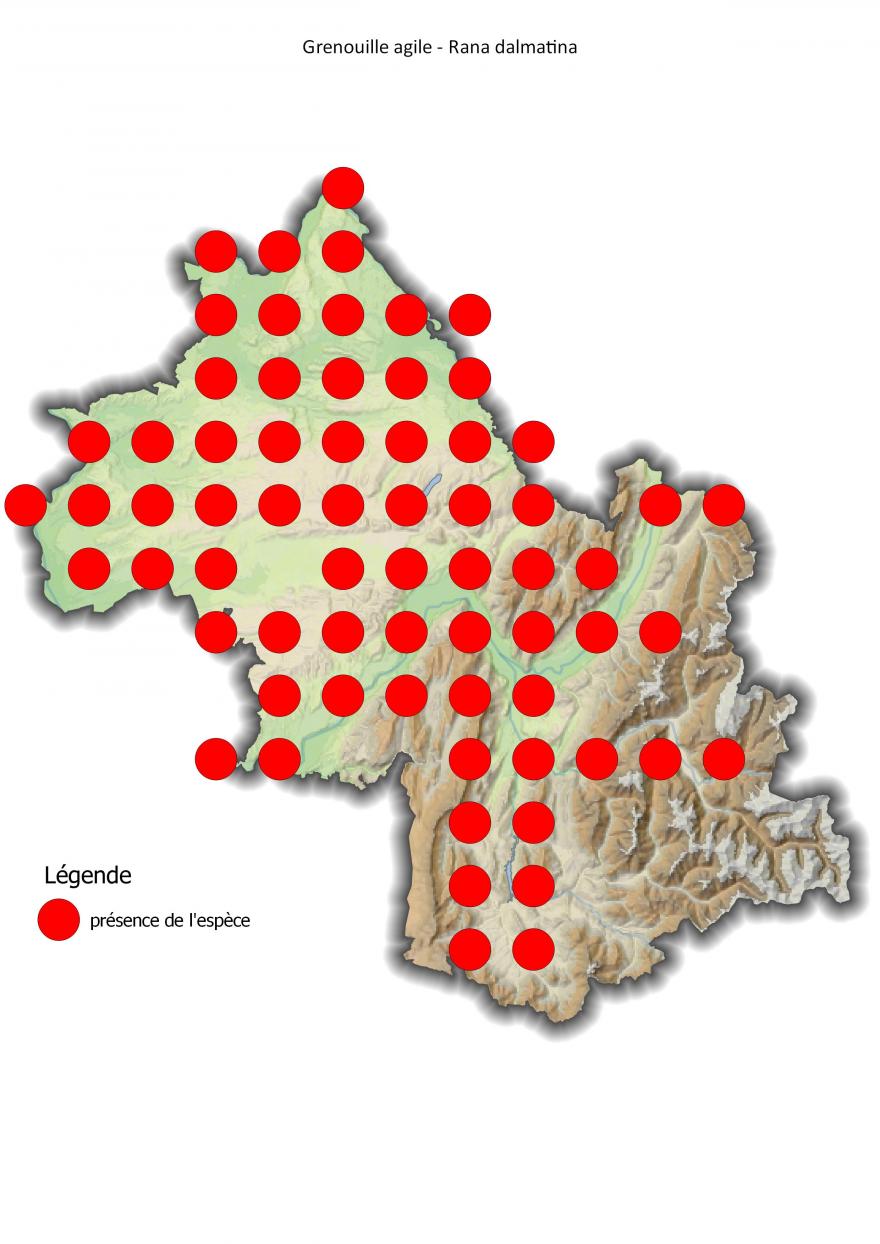Carte de répartition de la grenouille agile en Isère (2001-2016).