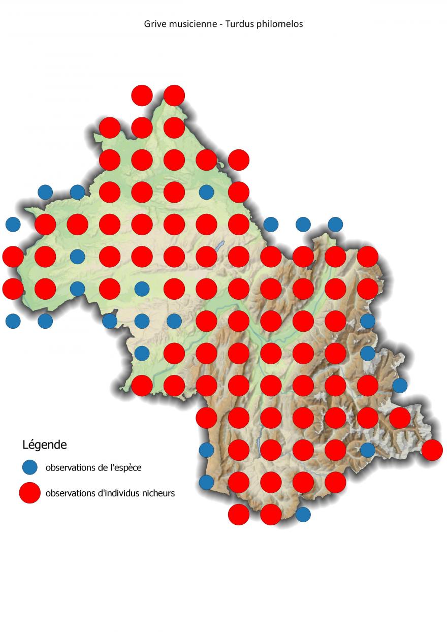 Carte de répartition de la grive musicienne en Isère (2001-2016).