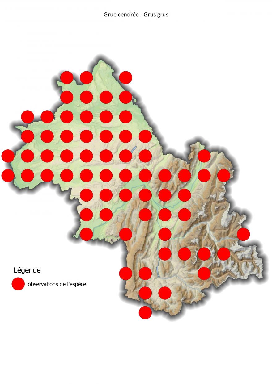 Carte de répartition de la grue cendrée en Isère (2001-2016).