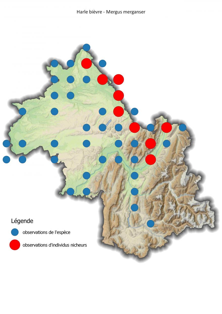 Carte de répartition du harle bièvre en Isère (2001-2016).