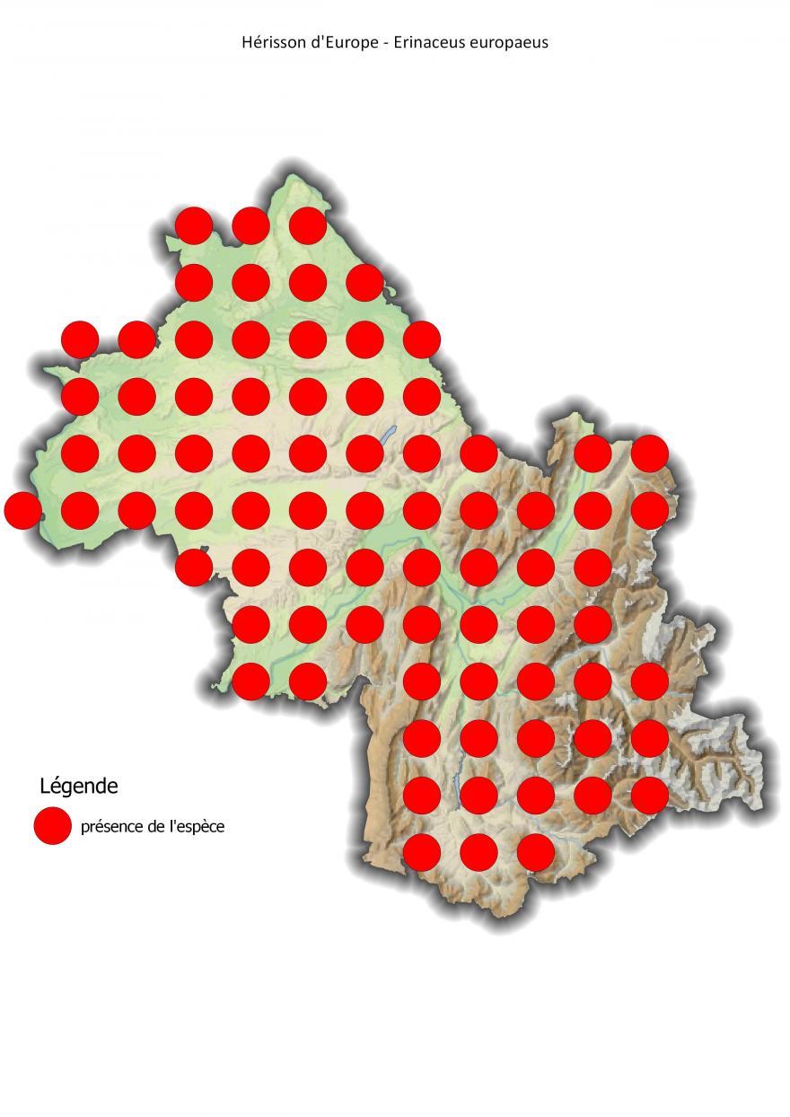 Carte de répartition du hérisson d'Europe en Isère (2001-2016).