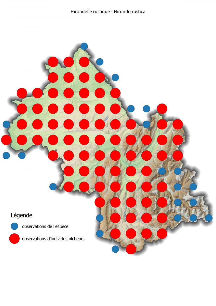 Carte de répartition de l'hirondelle rustique en Isère (2001-2016).