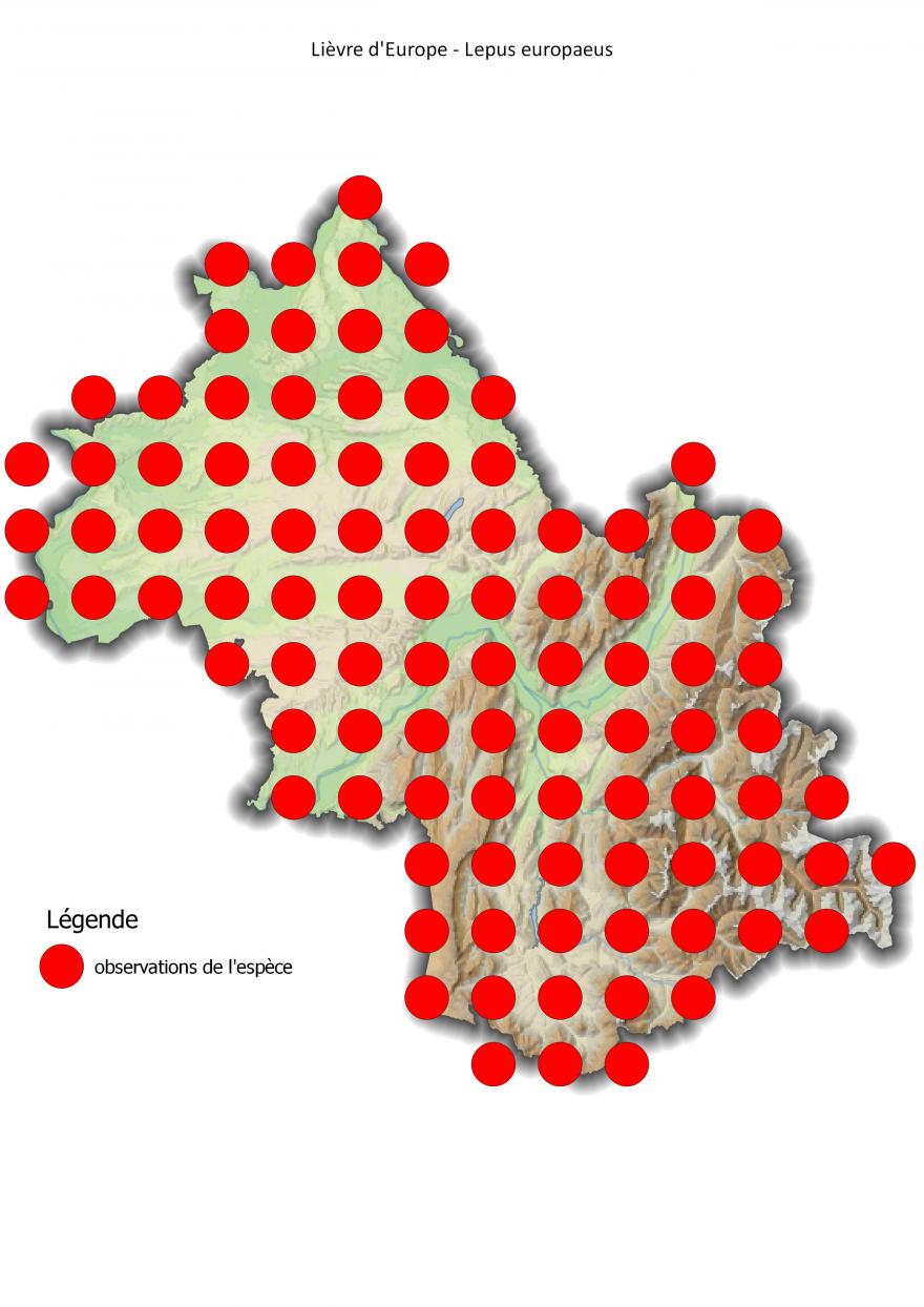 Carte de répartition du lièvre d'Europe en Isère (2001-2016).