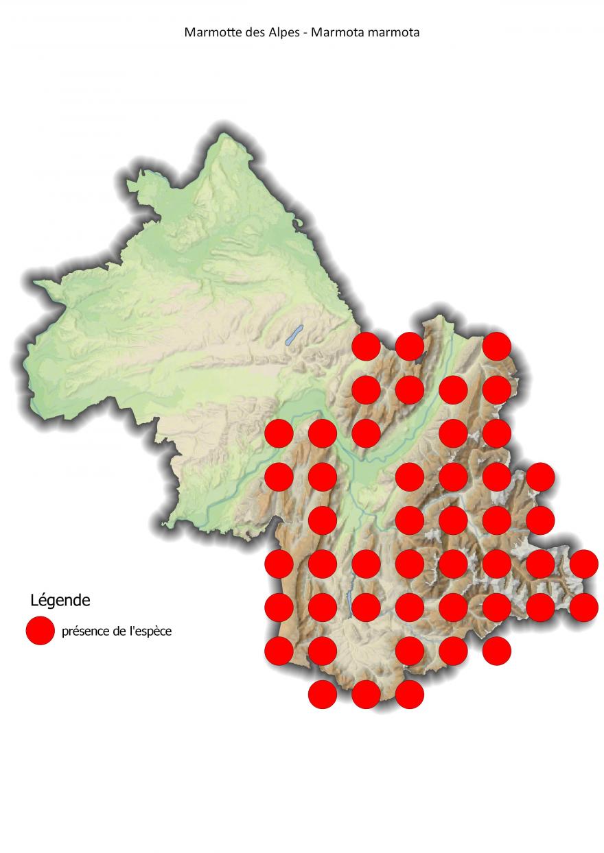 Carte de répartition de la marmotte des Alpes en Isère (2001-2016).