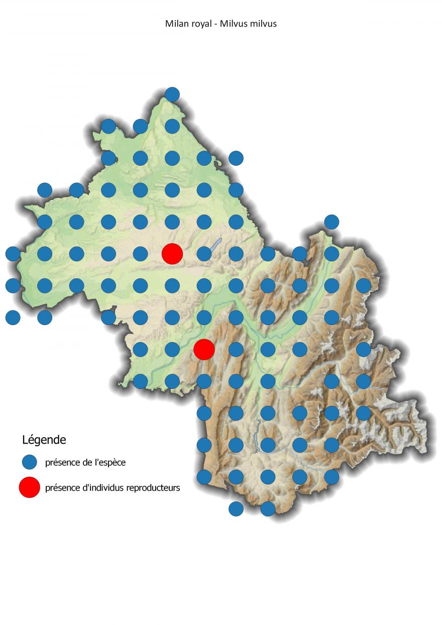 Carte de répartition du milan royal en Isère (2001-2016).
