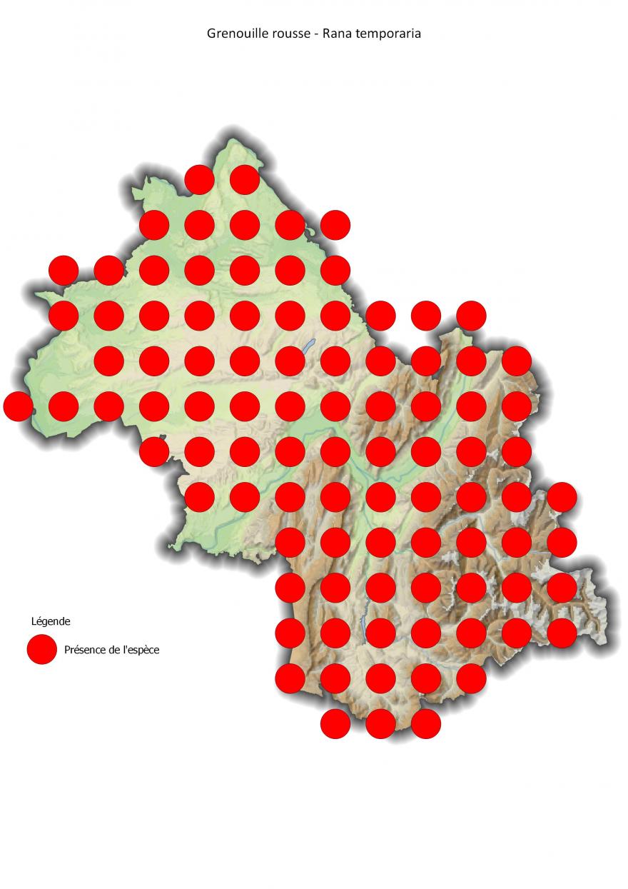 Répartition de la grenouille rousse en Isère (2001-2016).