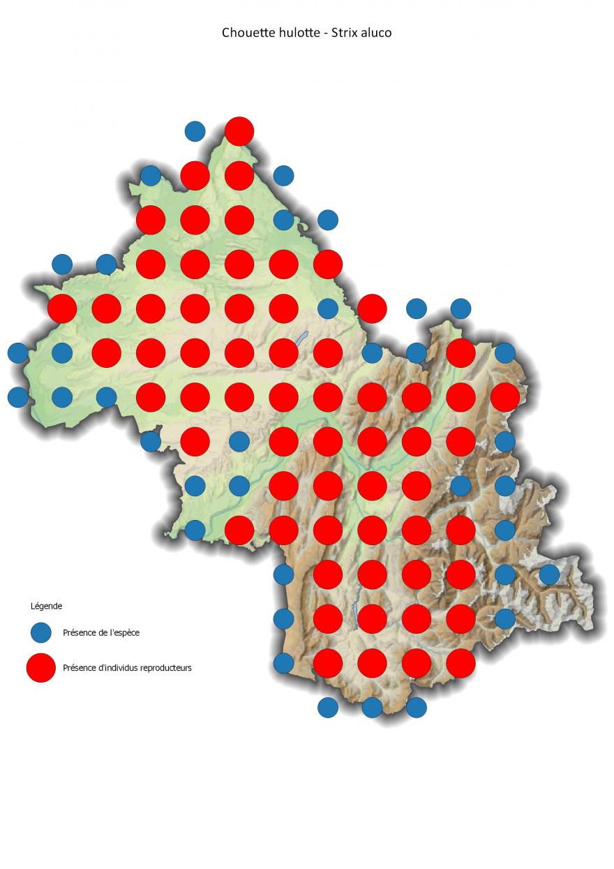 Carte de répartition de la chouette hulotte en Isère (2001-2016).