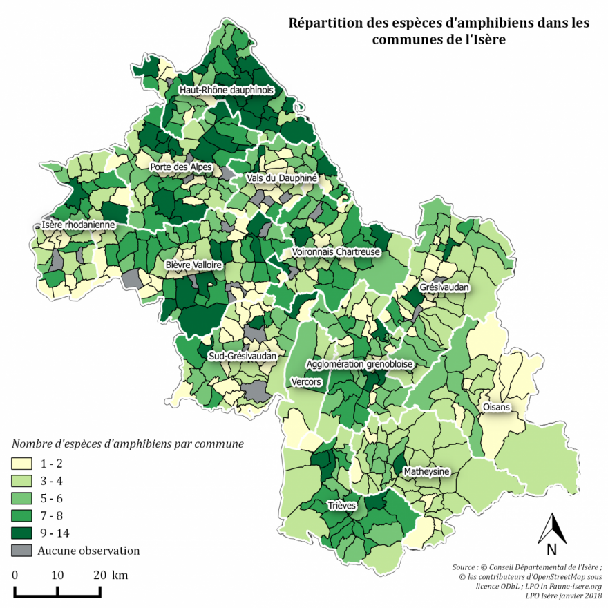 Carte amphibiens en Isère, LPO Isère