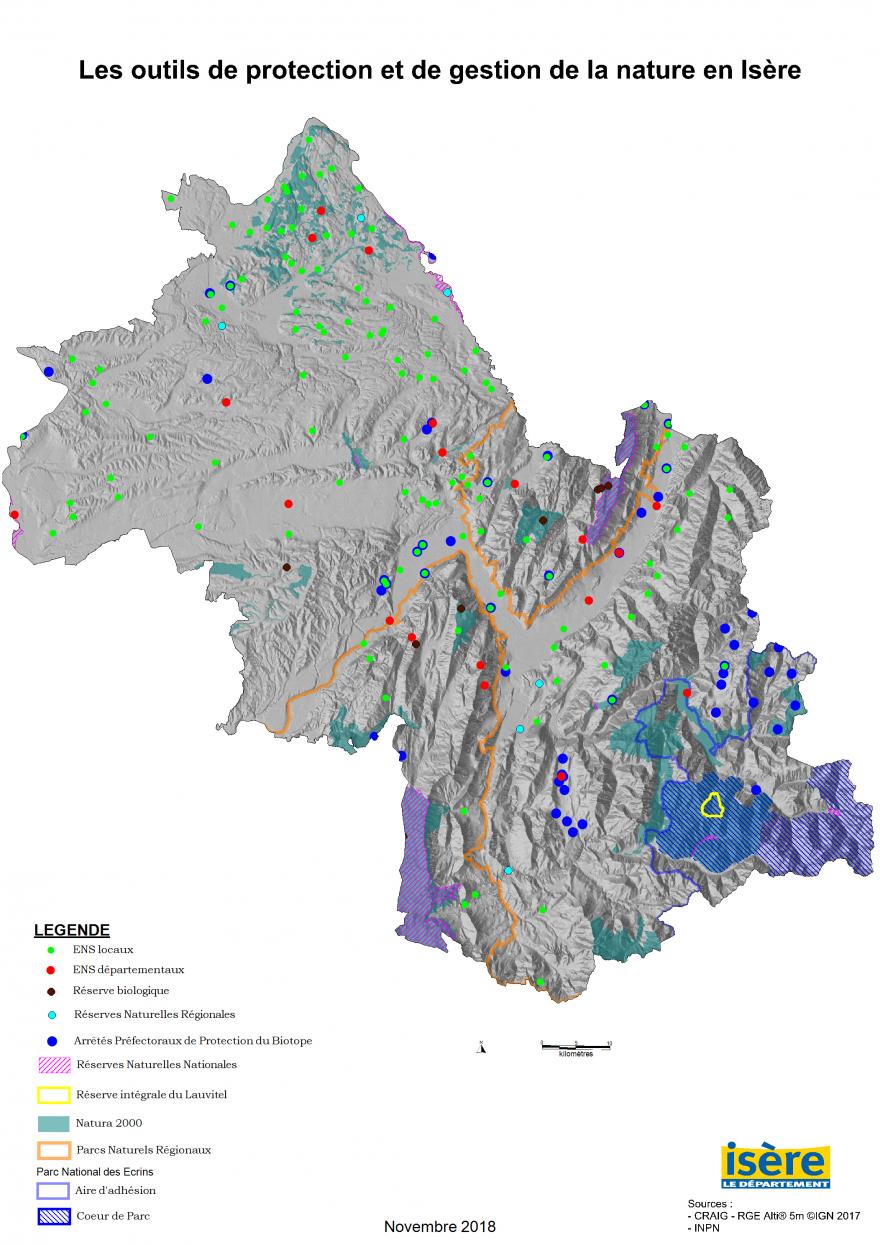 Carte de tous ces outils de gestion et protection en Isère, réalisée par le Département de l'Isère
