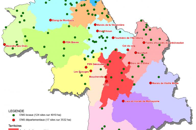 Carte des espaces naturels sensibles de l'Isère (départementaux et locaux), sur nature isère