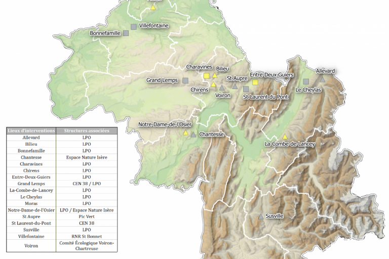 Carte de répartition des lieux d'interventions pour la sauvegarde des amphibiens en Isère, LPO Isère           