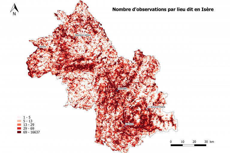 Nombre d'observations de la faune en Isère par lieu dit 