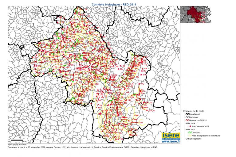 Carte du Réseau écologique départemental de l’Isère 2014, extraction de la base de données Carmen